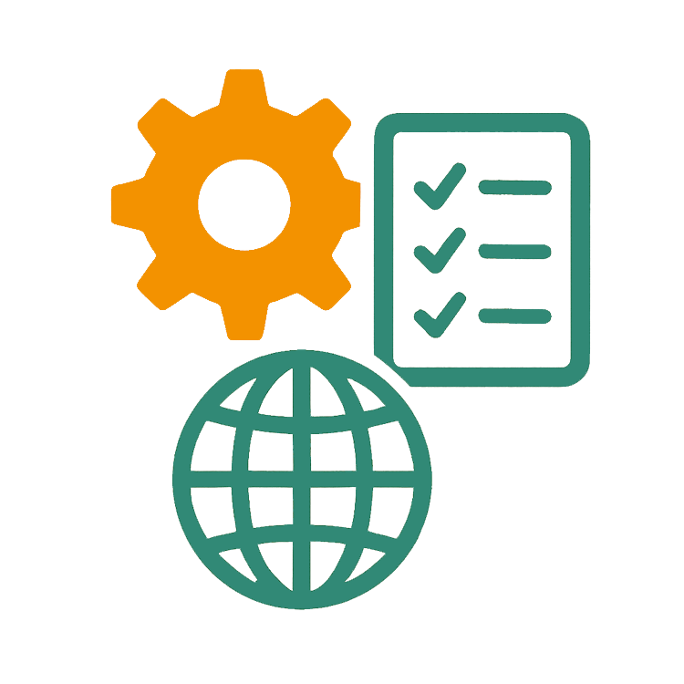 Ein Zahnrad, eine Weltkugel und eine Checkliste symbolisieren die Anpassung von Arbeitsprozessen. Das Icon steht für globale Standards, systematische Planung und flexible Strukturen in einem internationalen Arbeitsumfeld.